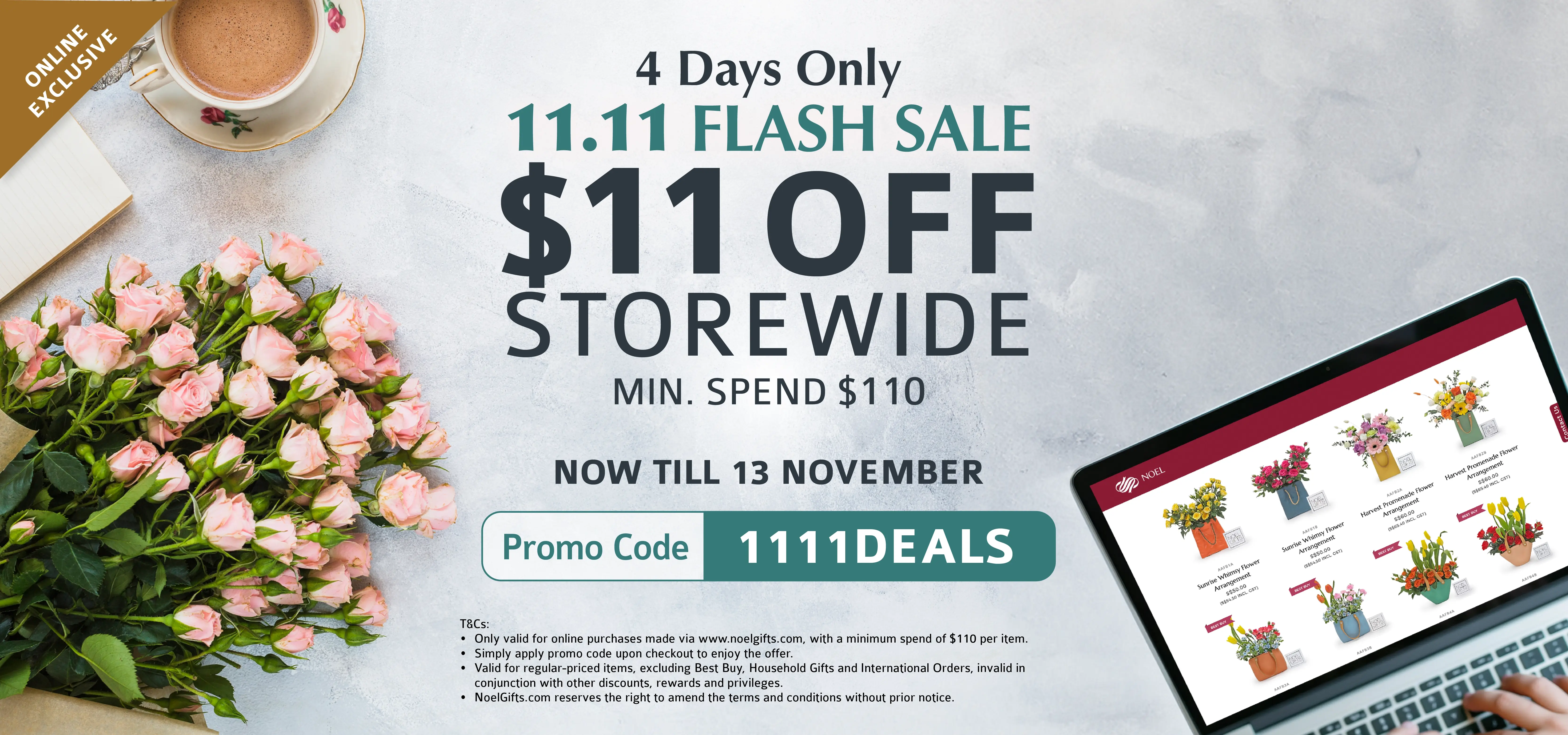 11.11 storewide sale promotion with exclusive discounts and special deals for flowers and gift hampers