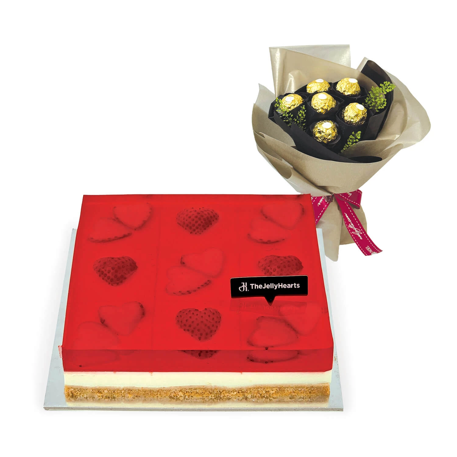 Jelly Hearts Cheesecake Squares 6” (Uncut) with Ferrero Rocher Bouquet