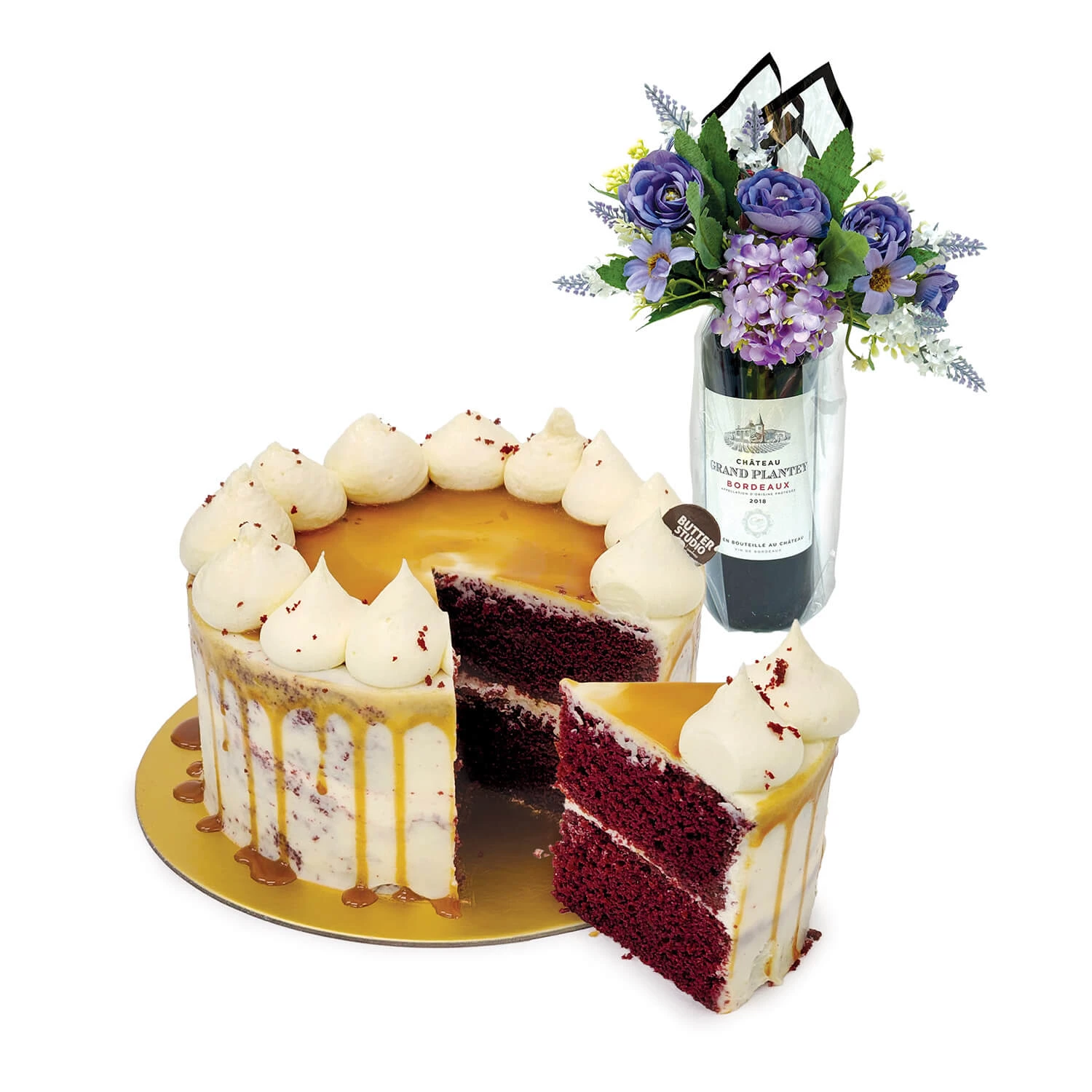 The Butter Studio Salted Caramel Red Velvet Cake with Wine and Flowers
